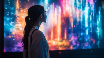 Wall Mural - woman looking at a screen with colorful lights.