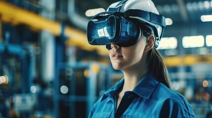 Poster - Beautiful woman engineer using virtual reality in modern manufacturing. Industry concept. copy space for text.