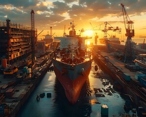 Wall Mural - Massive Shipyard with Cranes and Ships Under Construction at Dramatic Sunset