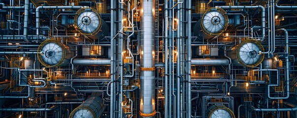 Poster - complex industrial chemical plant with reactors and distillation columns showcasing intricate manufa