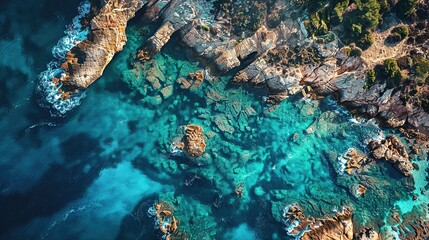 Wall Mural - Coast of desert island with blue turquoise water beats on rocky reef. Aerial top view. copy space for text.