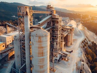 Poster - aerial view of cement factory with silos and conveyor belts at sunset