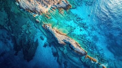 Wall Mural - Coast of desert island with blue turquoise water beats on rocky reef. Aerial top view. copy space for text.