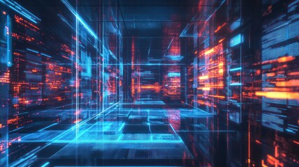 Abstract digital world, neon blue and red glowing grid lines and binary code in a 3D space