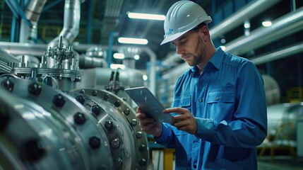 Poster - Handsome man Engineer Using Tablet for checking machinery Industrial Facility. industry concept. copy space for text.