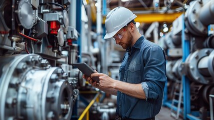 Poster - Handsome man Engineer Using Tablet for checking machinery Industrial Facility. industry concept. copy space for text.