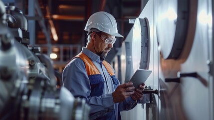 Poster - Handsome man Engineer Using Tablet for checking machinery Industrial Facility. industry concept. copy space for text.