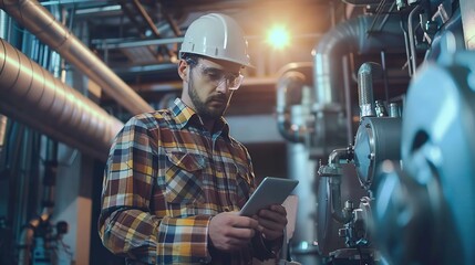 Poster - Handsome man Engineer Using Tablet for checking machinery Industrial Facility. industry concept. copy space for text.