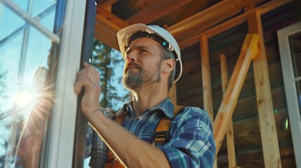 Poster - Middle aged male construction worker installing new windows to home. copy space for text.