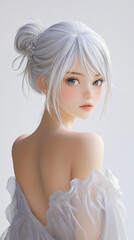 Poster - A stunning anime girl strikes a pose, showcasing photorealistic detail in stylish tones of silver and beige.