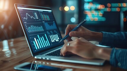 Poster - A business professional analyzing financial reports and charts on a sleek laptop.