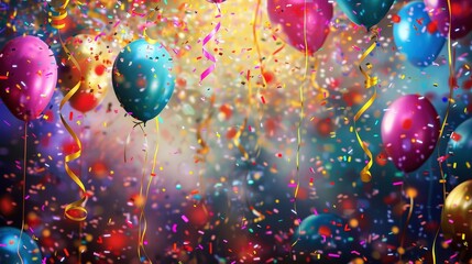 A celebration background filled with colorful streamers, cheerful balloons, and vibrant confetti