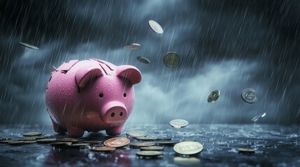 Piggy bank in the shape of a broken piggy bank, looking sad with dollar coins falling next to it, dark rain clouds background , Generative AI