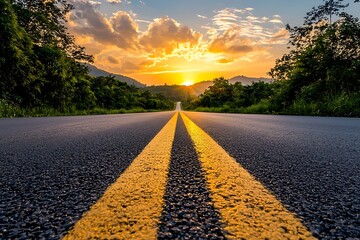 A long, empty road stretches out towards a setting sun, with vibrant clouds and lush trees on either side.