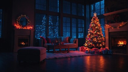 Interior Christmas, magic neon glowing tree, fireplace, gifts ,decorated room with neon lights 