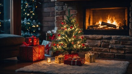  interior christmas. magic glowing tree, fireplace, gifts 