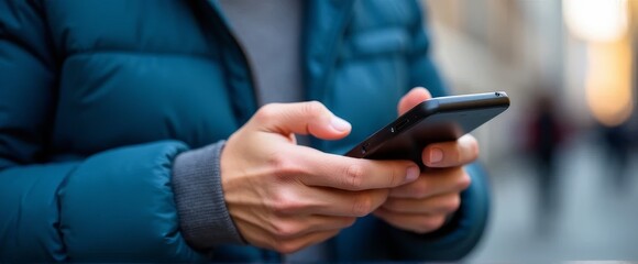 Close up of hands holding a smartphone, using a mobile phone for social media or online communication apps on a city street.