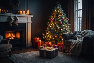 Wall Mural -  interior christmas. magic glowing tree, fireplace, gifts 