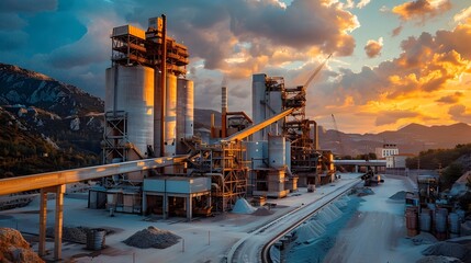 Poster - expansive cement production facility with towering silos and conveyor belts at dramatic sunset