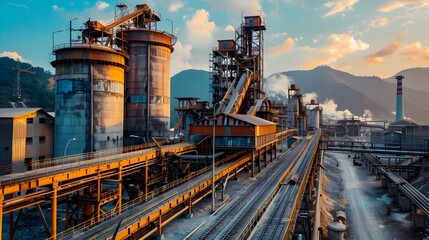 Wall Mural - Rugged Cement Production Facility with Towering Silos and Conveyor Belts