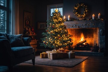 Wall Mural -  interior christmas. magic glowing tree, fireplace, gifts 