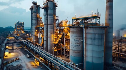 Poster - rugged and industrial cement production facility with silos and conveyor belts
