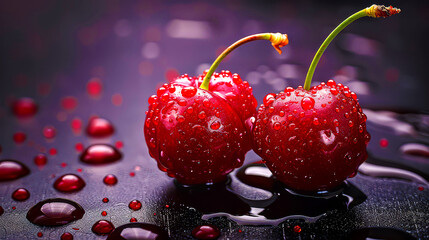 Wall Mural - Two ripe sweet cherries on slate stone, macro, top view.