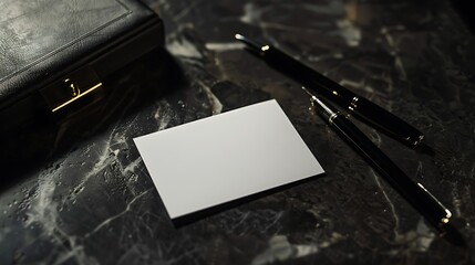 Canvas Print - Elegant Black Pens and White Card on Marble