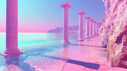 Poster - Pink Dreamscape: A Surreal Seascape with Ancient Pillars