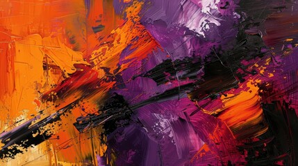 Poster - a striking abstract oil painting with intense bursts of color--fiery oranges and deep purples--inter