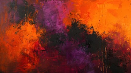 Poster - a striking abstract oil painting with intense bursts of color--fiery oranges and deep purples--inter