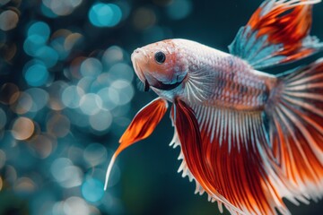 Wall Mural - Colorful Betta Fish with Flowing Fins against a Blurred Blue Background.