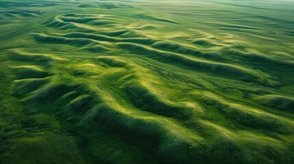 Lush landscape of green rolling hills with a patch of bright yellow colza blossoms