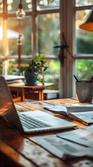 Canvas Print - Modern Home Office Setup with Laptop and Insurance Documents Showcasing Remote Work and Digital Management