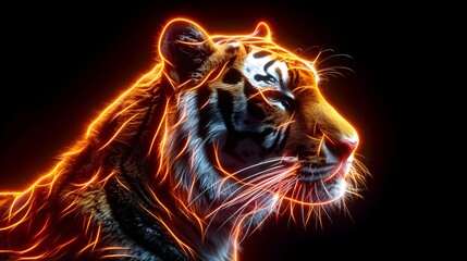 Sticker - Fierce Neon Tiger Glowing with Vibrant Stripes on Dark Background