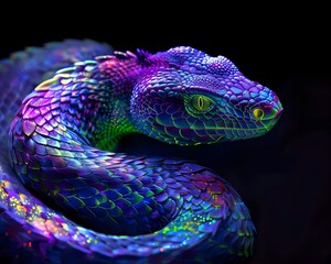 Poster - Mesmerizing Neon Dragon Coiled on Alluring Black Background