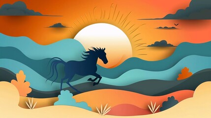 
Horse animal skyline panoramic view with world famous landmarks in very clear paper cut style vector illustration