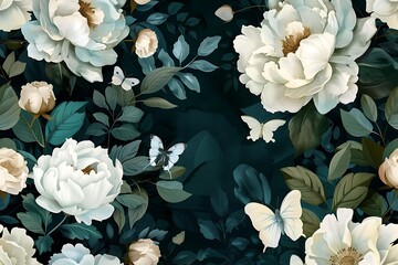 Dark teal and white floral design with peonies, roses, and foliage accents, along with butterfly accents on a dark background