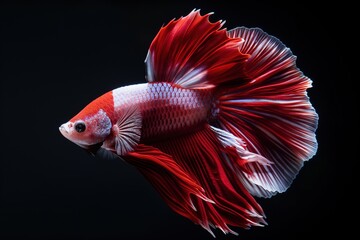 Wall Mural - Red and white Siamese fighting fish with long flowing fins against a black background.