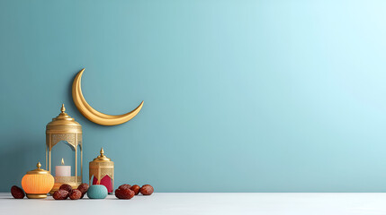 Wall Mural - Ramadan Decor with Golden Lanterns and Dates - Blue Background