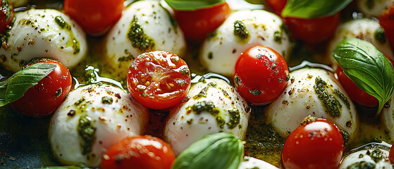 Poster - Mozzarella with basil, cherry tomatoes and pesto sauce sprinkled with Mediterranean spices.