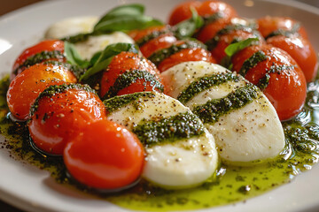 Poster - Mozzarella with basil, cherry tomatoes and pesto sauce sprinkled with Mediterranean spices.