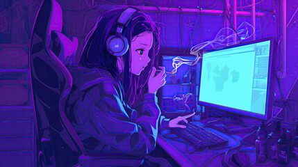 Anime gamer girl with bad habit smoking cigarette while on computer