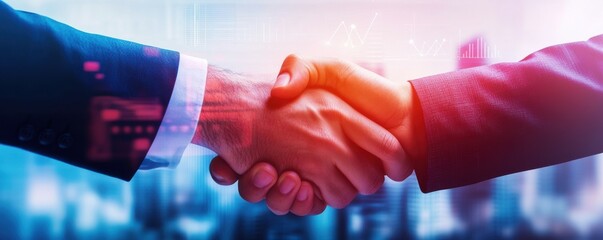 A close-up of two business professionals shaking hands, symbolizing agreement, partnership, and collaboration in a modern setting.