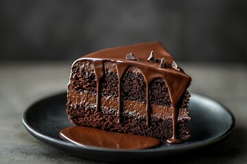 A single slice of decadent chocolate cake with a rich, dark chocolate glaze and chocolate chips on top. The cake is displayed on a black plate with a dark background.