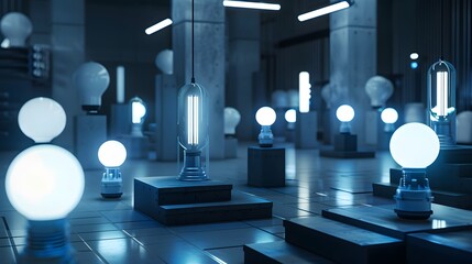 Poster - A futuristic scene showcasing various solid-state lighting technologies, including LED light bulbs, highlighting their high efficiency and sleek design in a modern interior setting