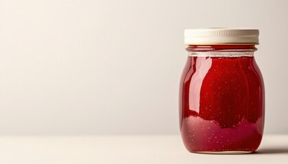 Homemade strawberry jam in a glass jar on a neutral background