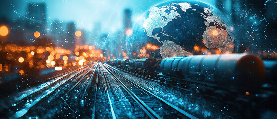 Logistics concept. Multiple exposure of different transports and world globe, toned in blue 