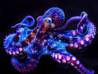 Wall Mural - Neon Octopus with Glowing Tentacles Against Black Background