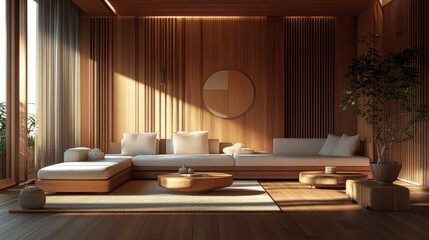 Warm living room interior featuring wooden walls, a wooden floor, and a soft sofa.